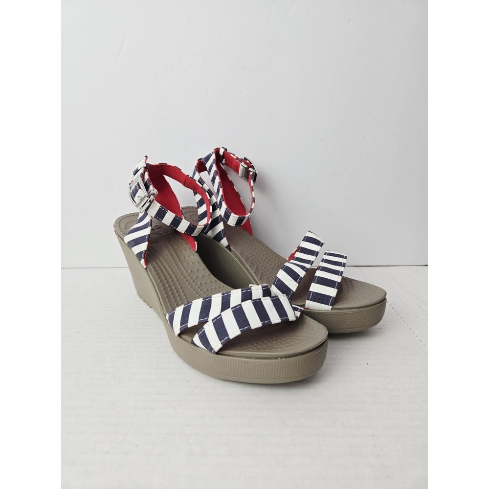 Crocs wedge sandals Leigh blue white‎ stripe sz 8